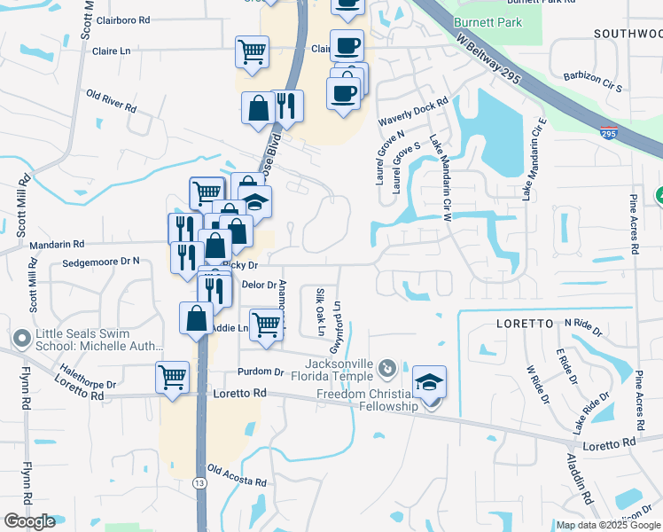 map of restaurants, bars, coffee shops, grocery stores, and more near 11434 Ricky Way in Jacksonville