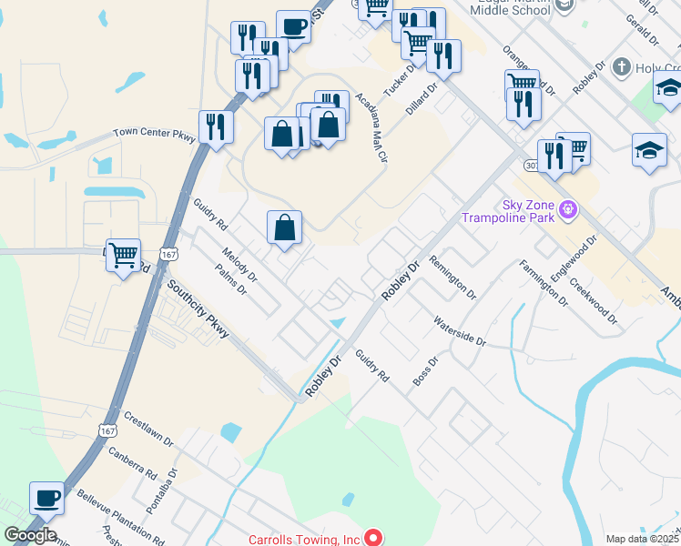 map of restaurants, bars, coffee shops, grocery stores, and more near 1200 Robley Drive in Lafayette