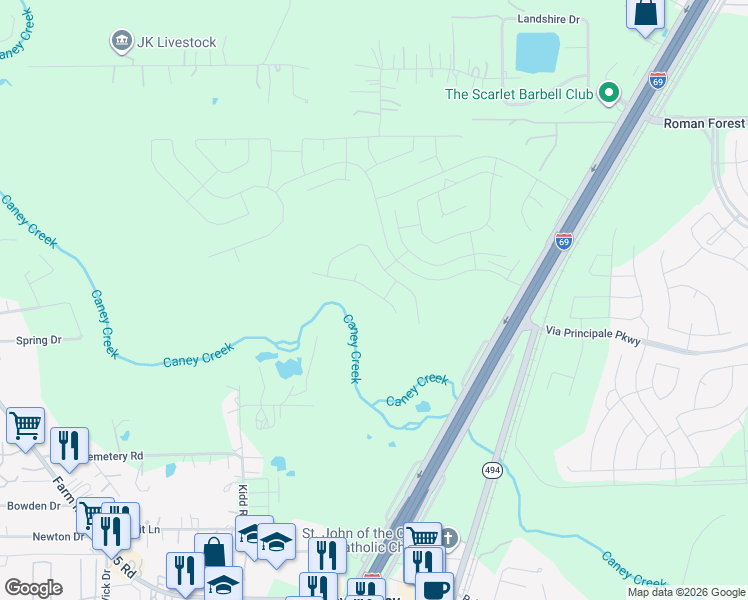 map of restaurants, bars, coffee shops, grocery stores, and more near in Roman Forest