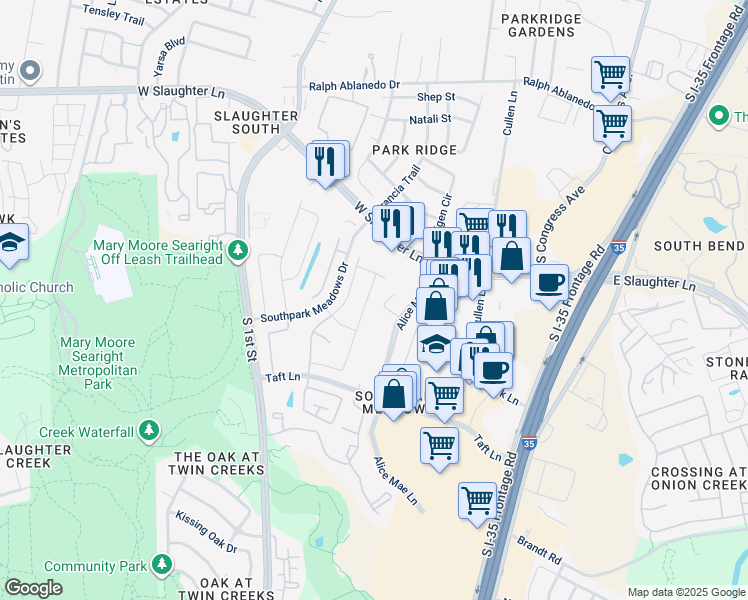 map of restaurants, bars, coffee shops, grocery stores, and more near 9317 Sydney Marilyn Lane in Austin