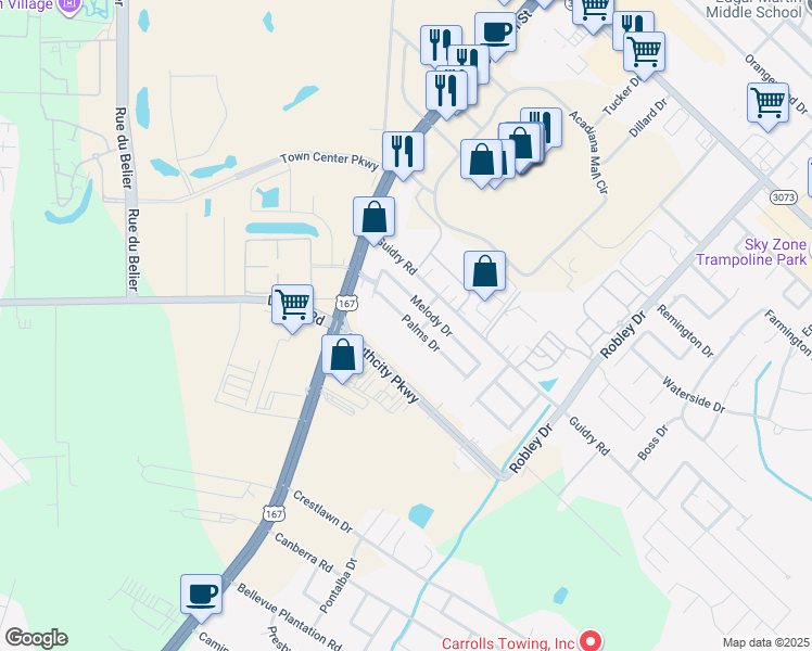 map of restaurants, bars, coffee shops, grocery stores, and more near 216 Palms Drive in Lafayette