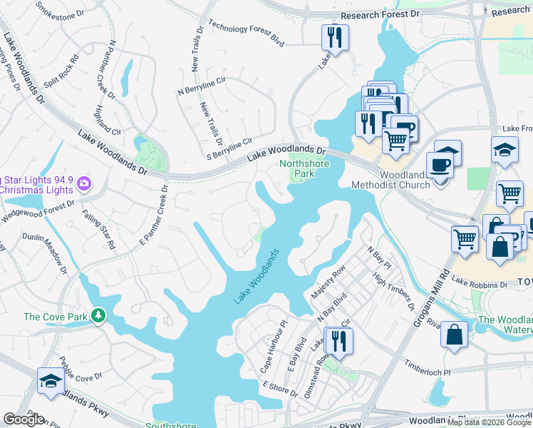 map of restaurants, bars, coffee shops, grocery stores, and more near 86 Windward Cove in Spring