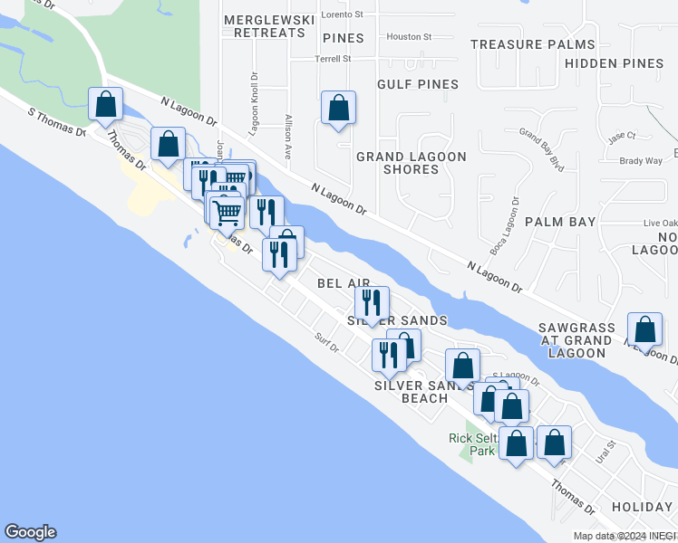map of restaurants, bars, coffee shops, grocery stores, and more near 8341 Lydia Lane in Panama City