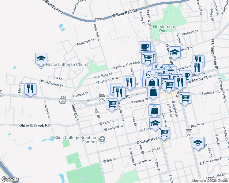 map of restaurants, bars, coffee shops, grocery stores, and more near 530 West Main Street in Brenham