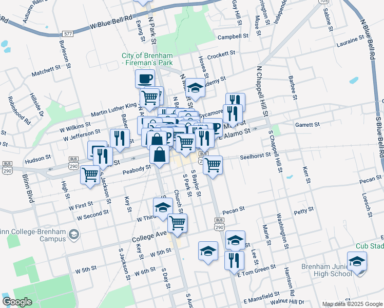 map of restaurants, bars, coffee shops, grocery stores, and more near in Brenham
