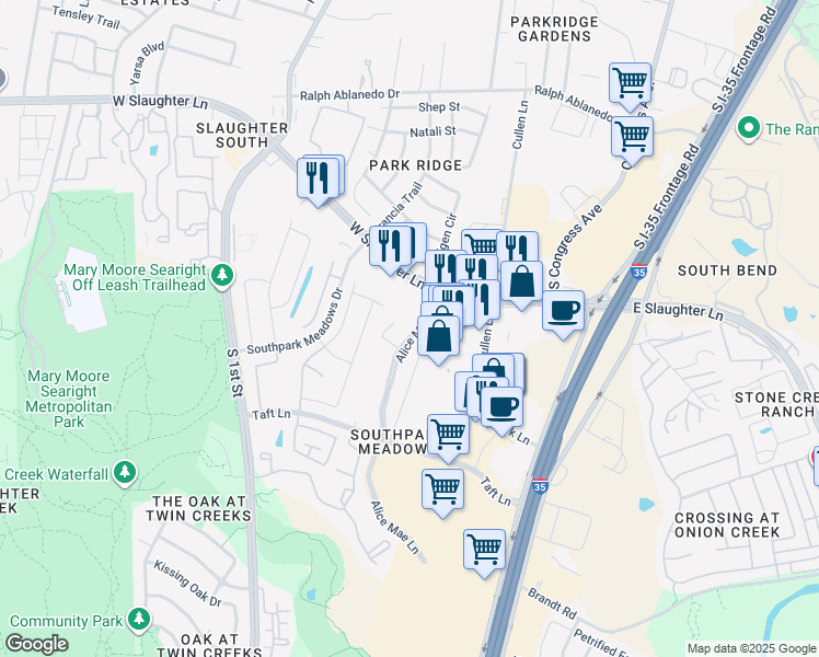 map of restaurants, bars, coffee shops, grocery stores, and more near 9320 Alice Mae Lane in Austin