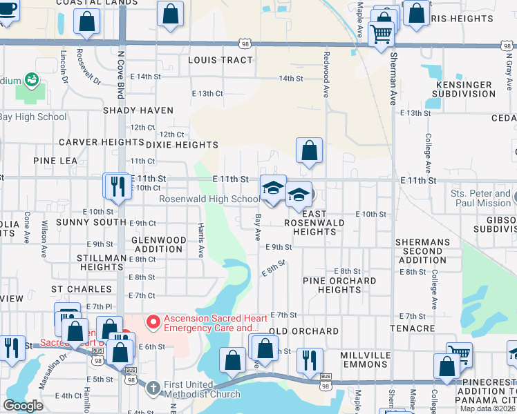 map of restaurants, bars, coffee shops, grocery stores, and more near East 9th Court in Panama City