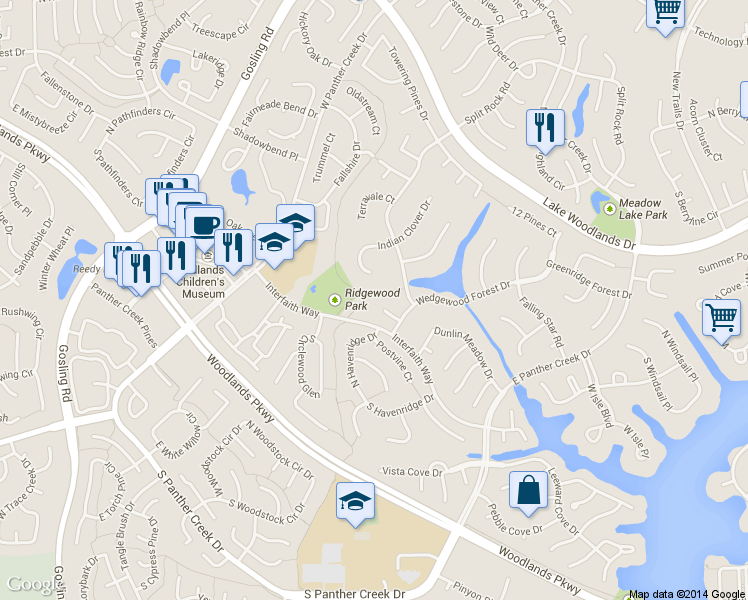 map of restaurants, bars, coffee shops, grocery stores, and more near 6 Wedgewood Point in Spring