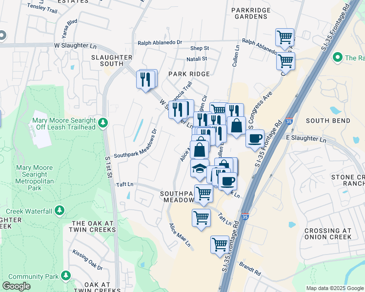 map of restaurants, bars, coffee shops, grocery stores, and more near 9320 Alice Mae Lane in Austin