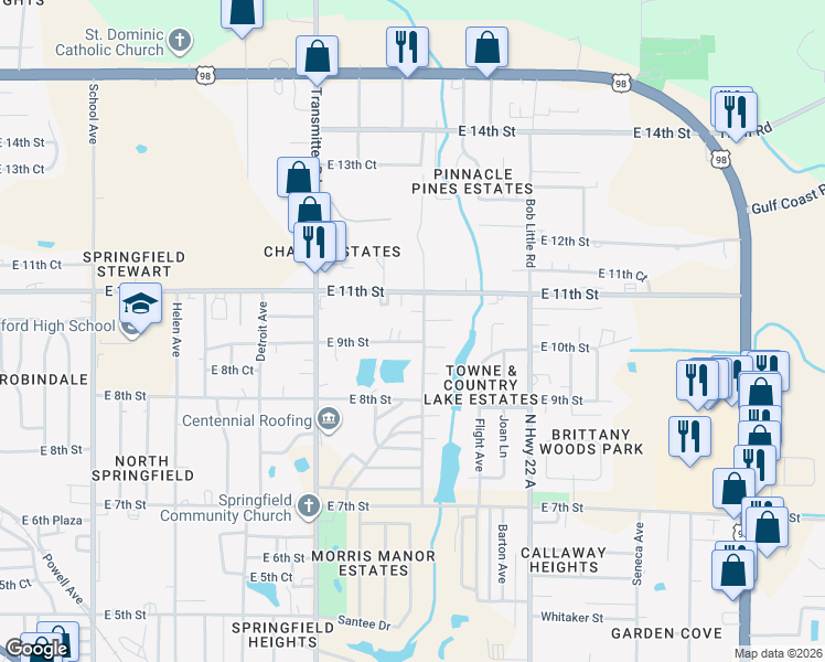 map of restaurants, bars, coffee shops, grocery stores, and more near 908 Russ Lake Drive in Panama City