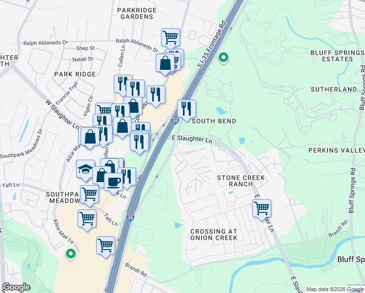 map of restaurants, bars, coffee shops, grocery stores, and more near 9001 South I-35 in Austin