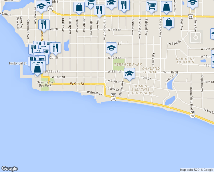 map of restaurants, bars, coffee shops, grocery stores, and more near 2024 Baker Court in Panama City