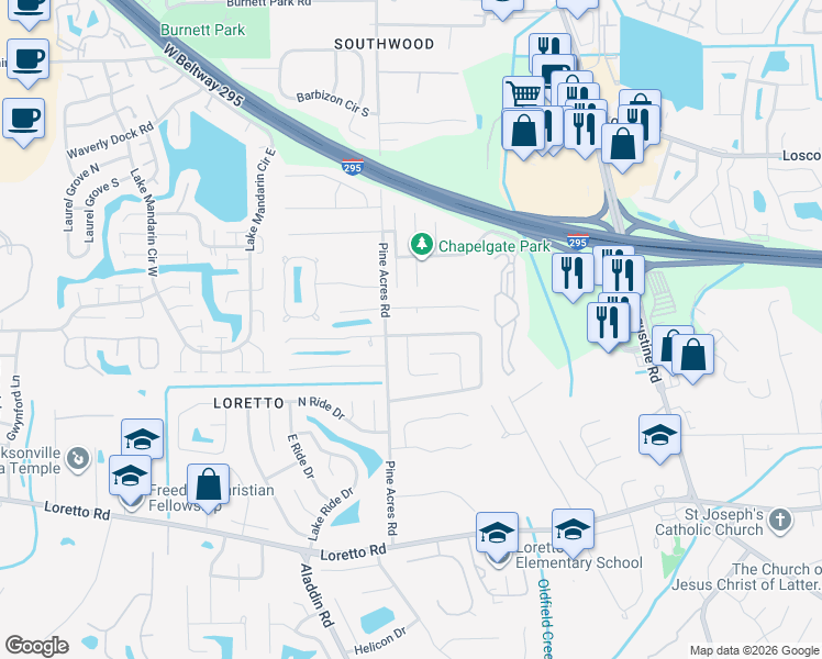 map of restaurants, bars, coffee shops, grocery stores, and more near 3829 Mandarin Woods Drive North in Jacksonville