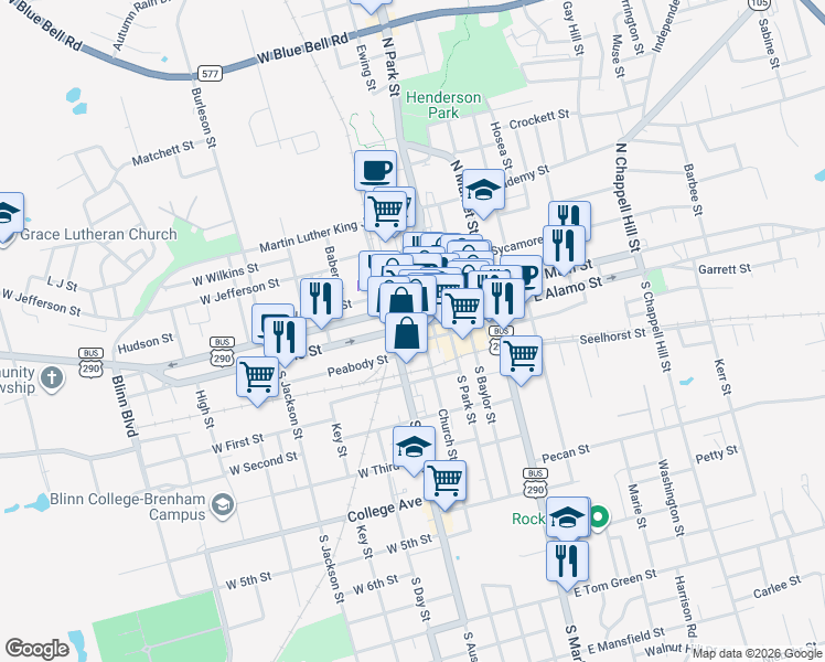 map of restaurants, bars, coffee shops, grocery stores, and more near 124 West Alamo Street in Brenham