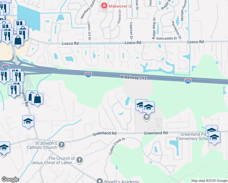 map of restaurants, bars, coffee shops, grocery stores, and more near 11445 Wandering Pines Lane in Jacksonville