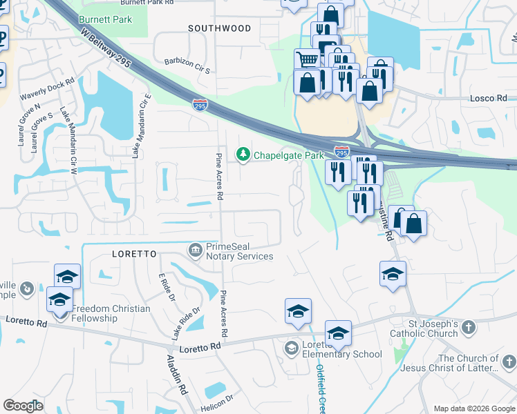 map of restaurants, bars, coffee shops, grocery stores, and more near 3879 Mandarin Woods Drive North in Jacksonville