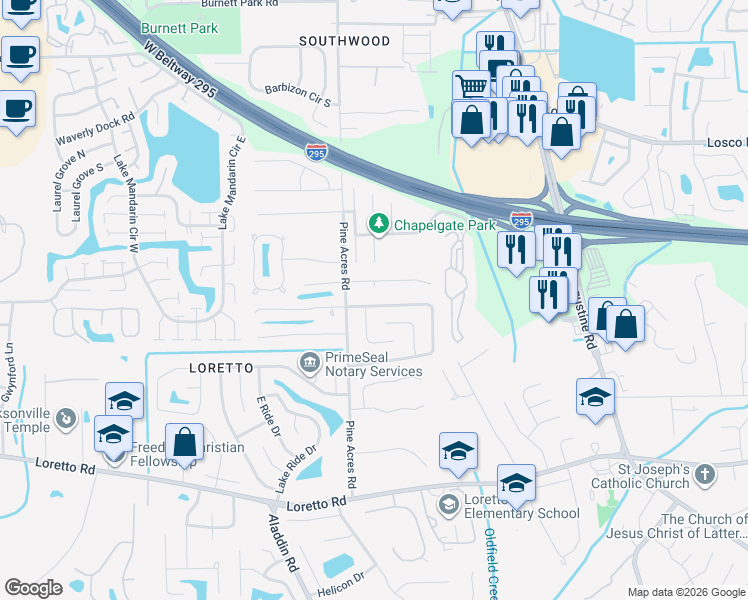 map of restaurants, bars, coffee shops, grocery stores, and more near 11460 Dustin Court in Jacksonville