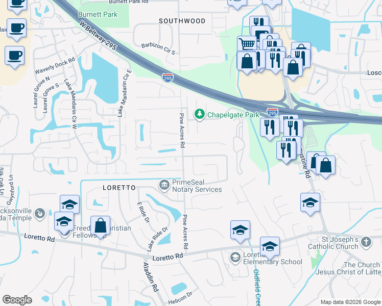 map of restaurants, bars, coffee shops, grocery stores, and more near 11460 Dustin Court in Jacksonville