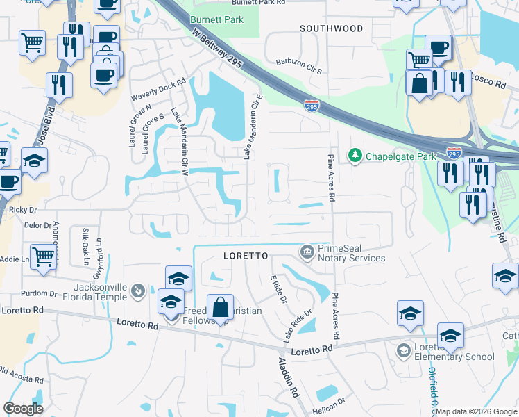 map of restaurants, bars, coffee shops, grocery stores, and more near 11474 Stinger Way in Jacksonville