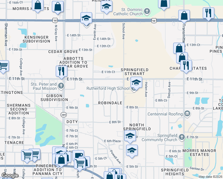 map of restaurants, bars, coffee shops, grocery stores, and more near 1007 Huntington Drive in Panama City