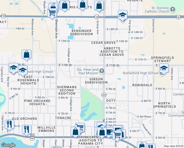 map of restaurants, bars, coffee shops, grocery stores, and more near 1013 North Church Avenue in Panama City