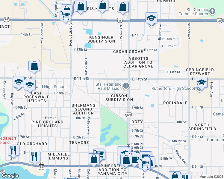 map of restaurants, bars, coffee shops, grocery stores, and more near 1013 North Church Avenue in Panama City