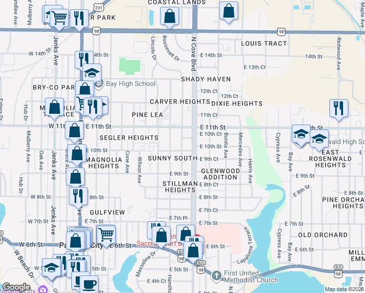 map of restaurants, bars, coffee shops, grocery stores, and more near 1005 Louisiana Avenue in Panama City