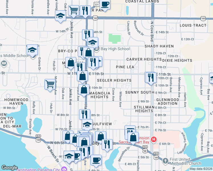 map of restaurants, bars, coffee shops, grocery stores, and more near 1002 Mc Kenzie Avenue in Panama City