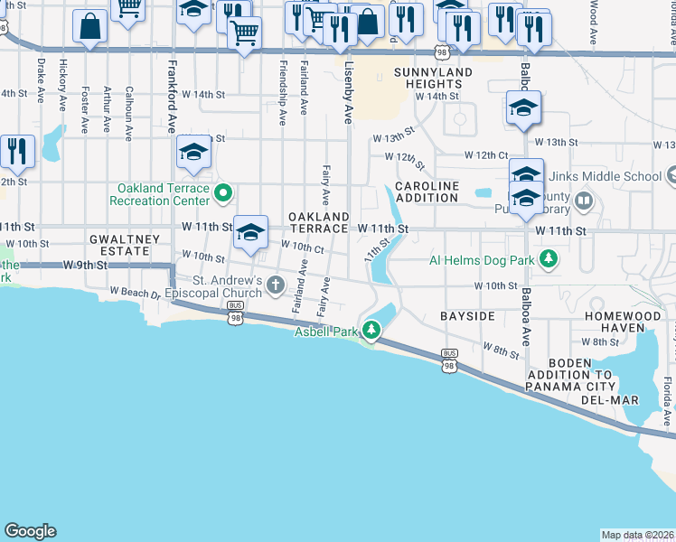 map of restaurants, bars, coffee shops, grocery stores, and more near 1434 W 10th St in Panama City