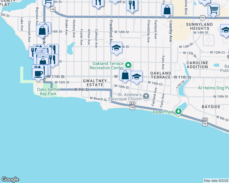 map of restaurants, bars, coffee shops, grocery stores, and more near 2024 Baker Court in Panama City