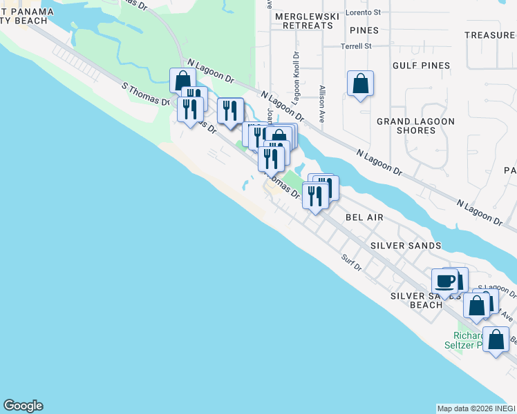 map of restaurants, bars, coffee shops, grocery stores, and more near in Panama City Beach