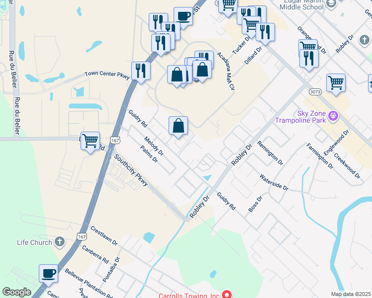 map of restaurants, bars, coffee shops, grocery stores, and more near 329 Guidry Road in Lafayette