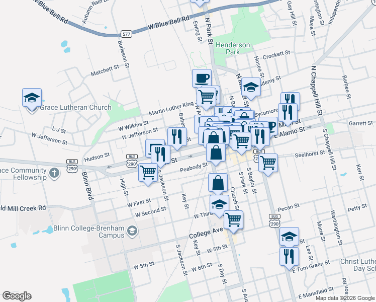 map of restaurants, bars, coffee shops, grocery stores, and more near 405 West Main Street in Brenham