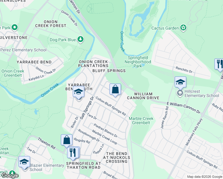 map of restaurants, bars, coffee shops, grocery stores, and more near 6415 Spring Fever Trail in Austin