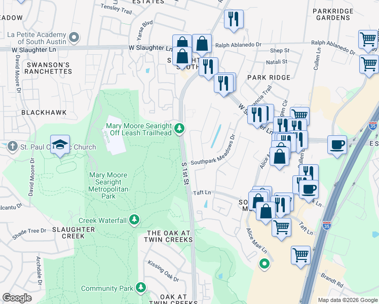 map of restaurants, bars, coffee shops, grocery stores, and more near 9504 Alex Lane in Austin