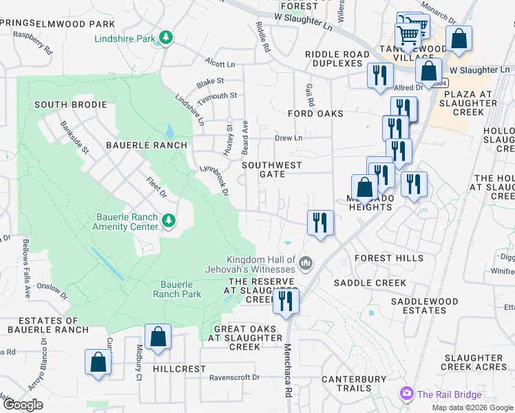 map of restaurants, bars, coffee shops, grocery stores, and more near 10625 Hendon Street in Austin