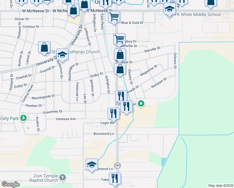 map of restaurants, bars, coffee shops, grocery stores, and more near 108 Oakwood Pl in Lake Charles