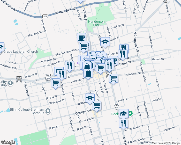 map of restaurants, bars, coffee shops, grocery stores, and more near 124 West Alamo Street in Brenham