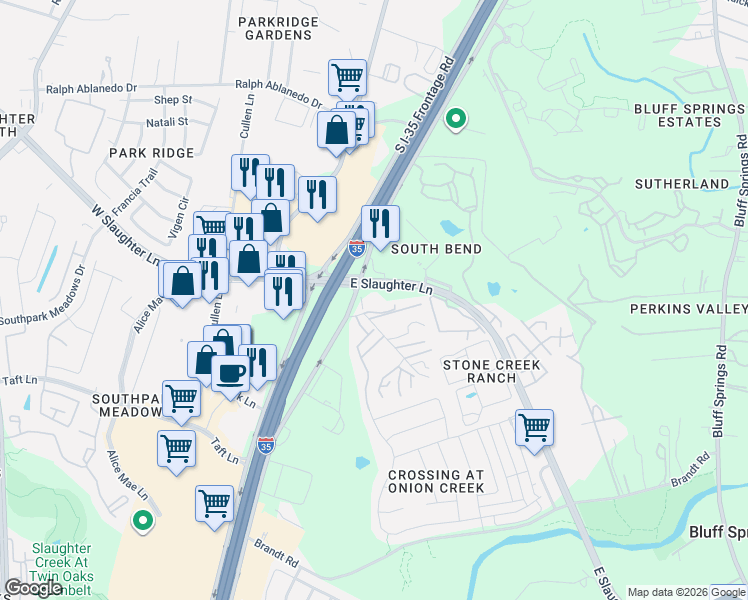 map of restaurants, bars, coffee shops, grocery stores, and more near 9001 South Interstate 35 Frontage Road in Austin