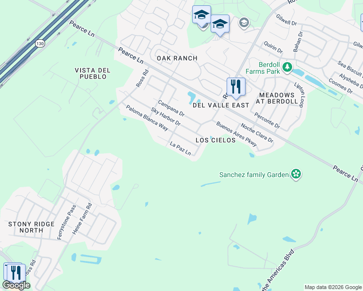 map of restaurants, bars, coffee shops, grocery stores, and more near 12717 Paloma Blanca Way in Del Valle