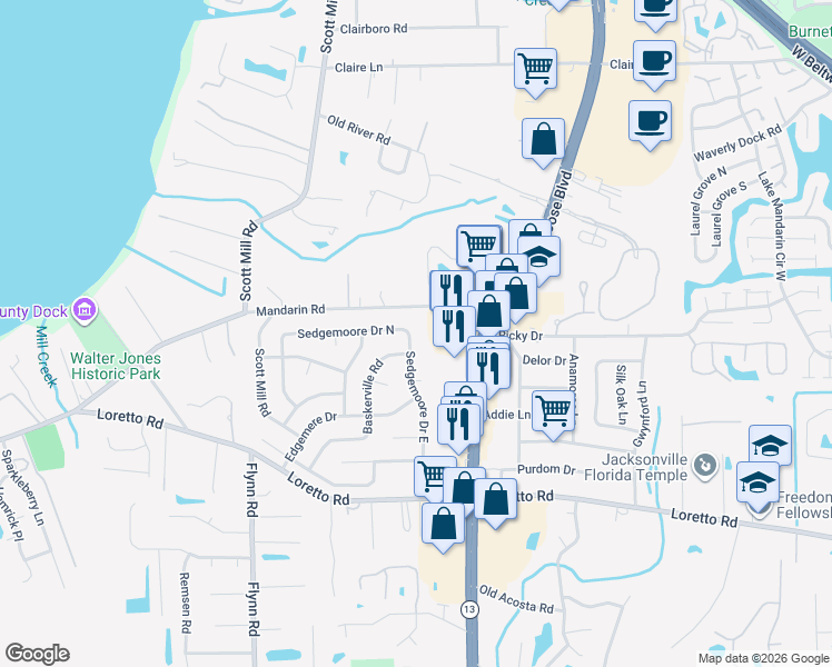 map of restaurants, bars, coffee shops, grocery stores, and more near 11401 Sedgemoore Drive East in Jacksonville