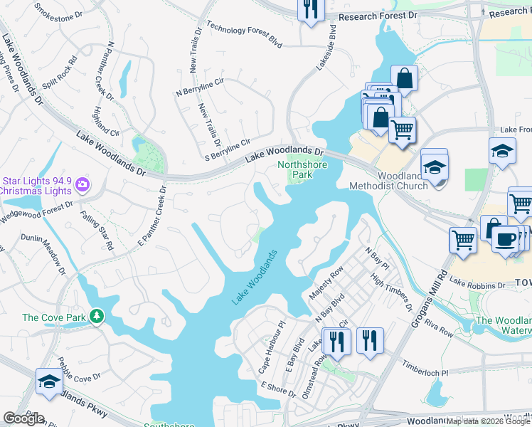 map of restaurants, bars, coffee shops, grocery stores, and more near 86 Windward Cove in Spring