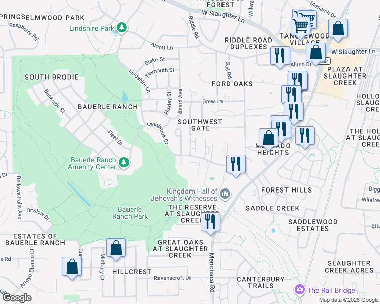 map of restaurants, bars, coffee shops, grocery stores, and more near 10625 Hendon Street in Austin