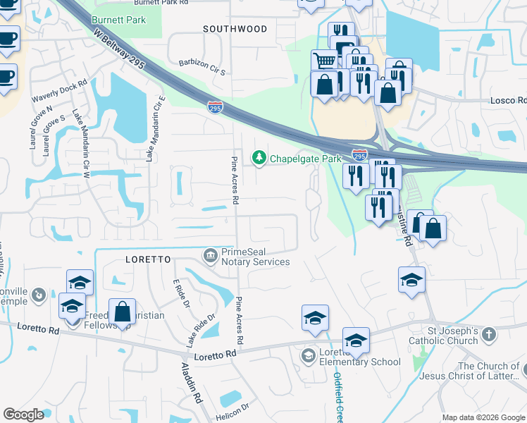 map of restaurants, bars, coffee shops, grocery stores, and more near 11460 Dustin Court in Jacksonville