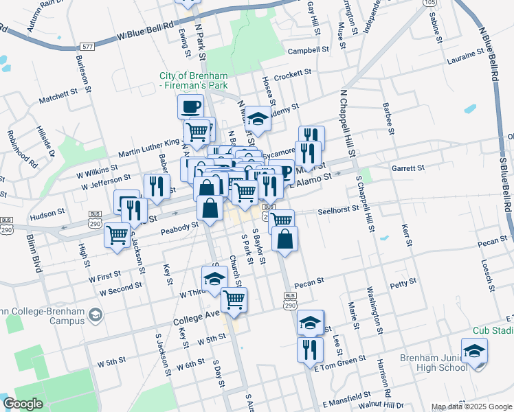 map of restaurants, bars, coffee shops, grocery stores, and more near 210 South Market Street in Brenham