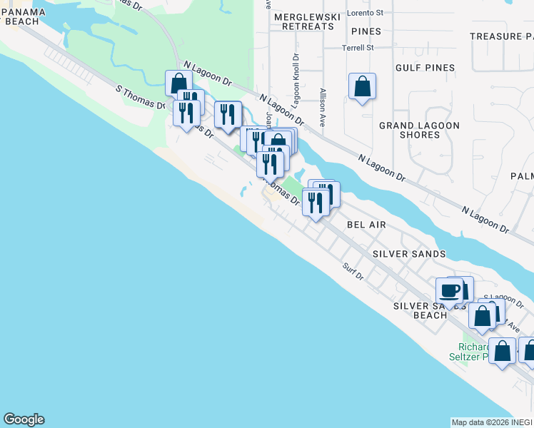 map of restaurants, bars, coffee shops, grocery stores, and more near 8629 Surf Drive in Panama City Beach