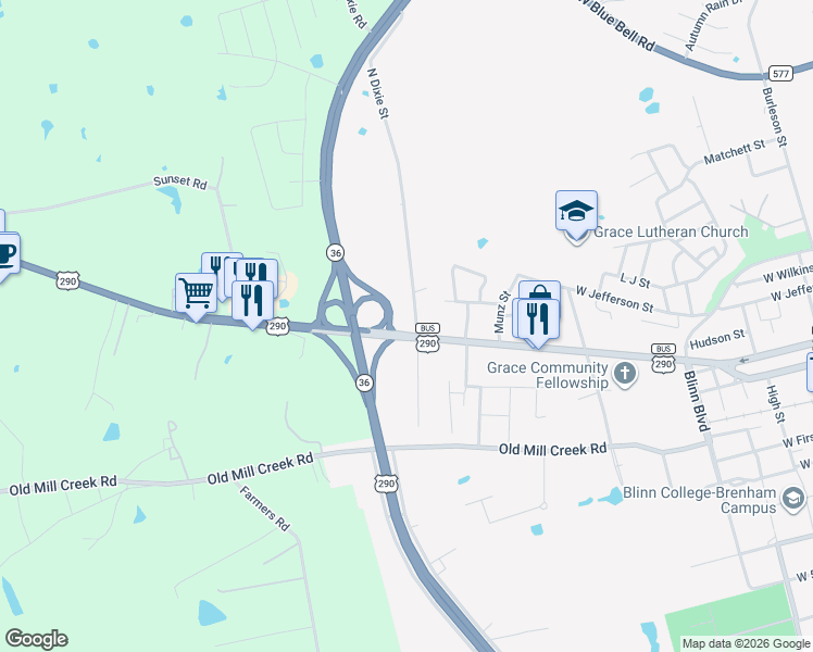 map of restaurants, bars, coffee shops, grocery stores, and more near 101 North Dixie Street in Brenham