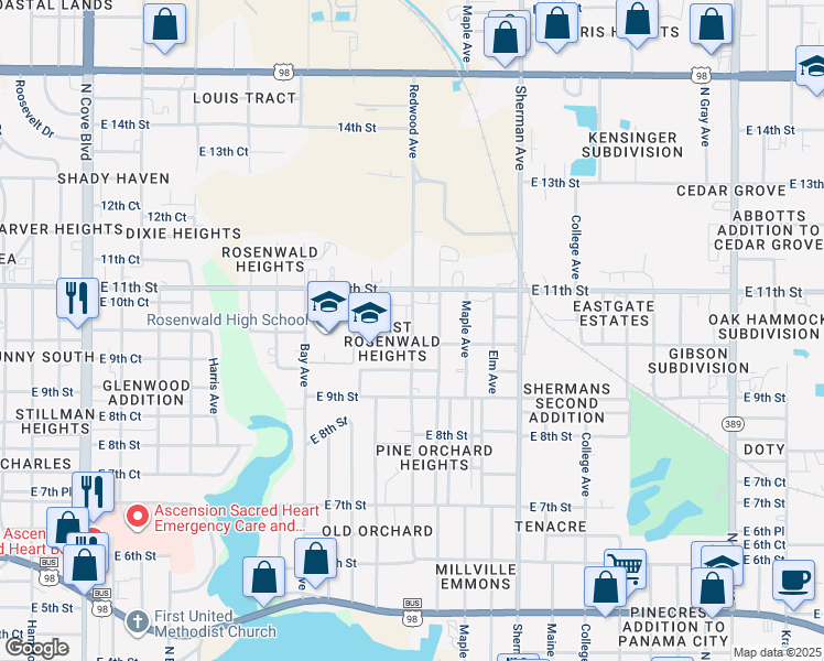map of restaurants, bars, coffee shops, grocery stores, and more near 1025 Redwood Avenue in Panama City