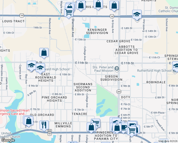map of restaurants, bars, coffee shops, grocery stores, and more near 1010 Horizon Drive in Panama City