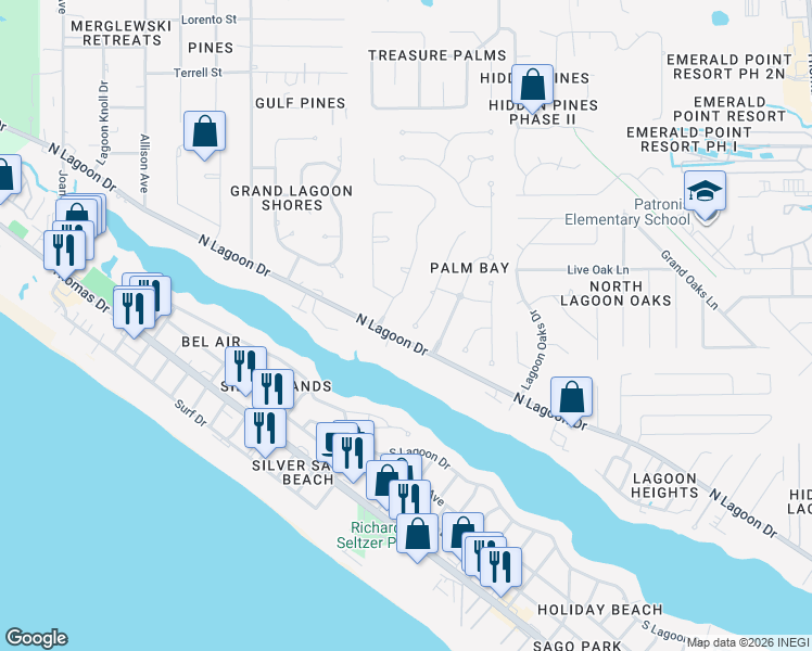 map of restaurants, bars, coffee shops, grocery stores, and more near 105 Palm Harbour Boulevard in Panama City Beach